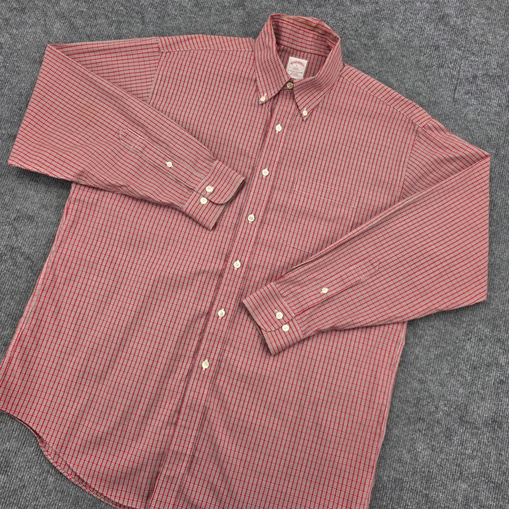 Brooks Brothers 346 Mens Large Red White Micro Check Non Iron Cotton Button Down